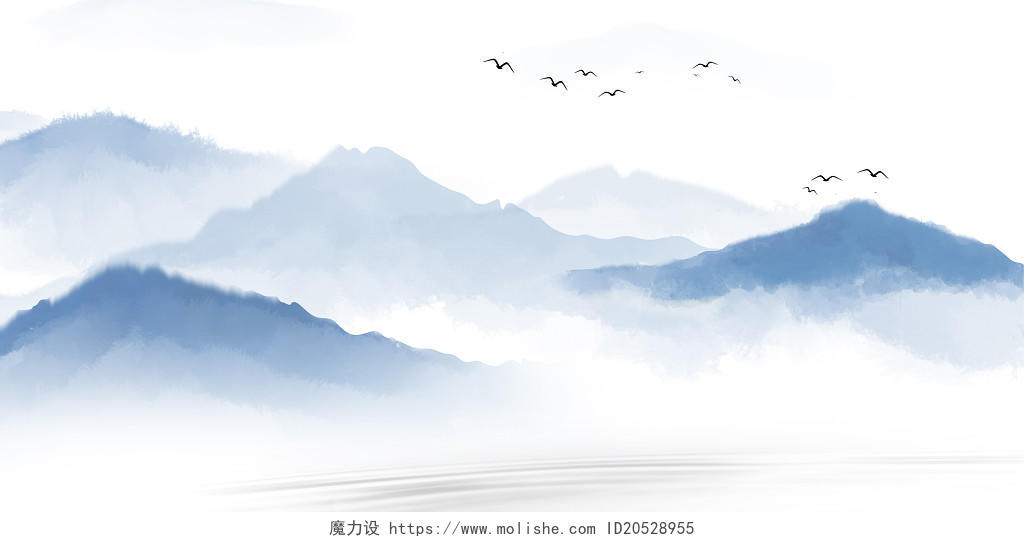 蓝色中国风山水水墨鸟水池展板背景